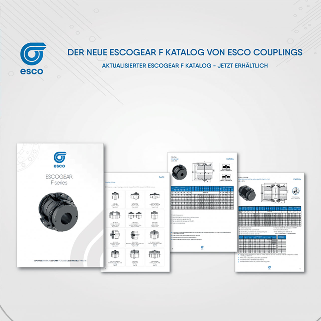 Abbildung des neuen ESCOGEAR F Katalogs von ESCO Couplings. Gezeigt werden das Deckblatt sowie beispielhafte Innenseiten mit Produktbildern, technischen Tabellen und Zeichnungen.