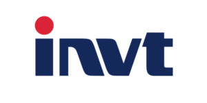 Blaues ‘invt’-Logo mit rotem Punkt über dem i.