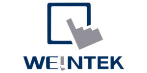 Weintek-Logo mit quadratischem Symbol und Zeiger-Icon – Hersteller von HMI-Bedienpanels.