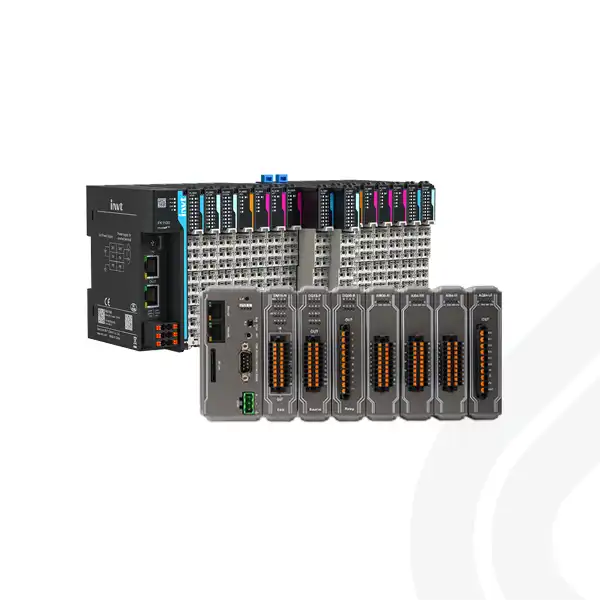 Kompakte I/O-Module und Steuerungseinheiten der Marken Weintek und INVT mit zahlreichen Ein- und Ausgängen.