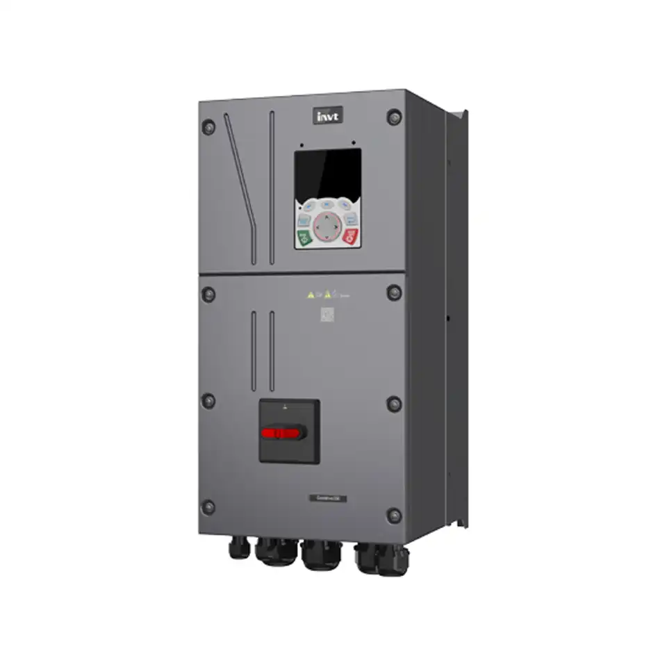 Seitenansicht des INVT GD350 IP55 mit Display und rotem Hauptschalter