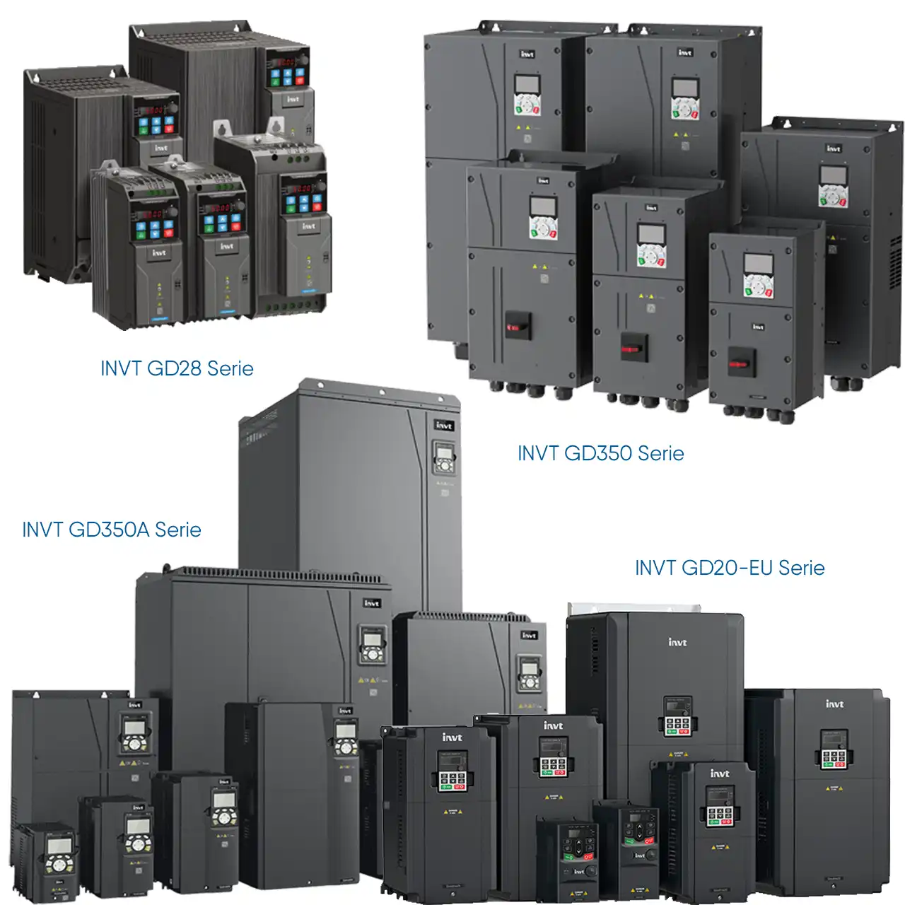 Das Foto zeigt INVT Frequenzumrichter Serien auf einen Blick