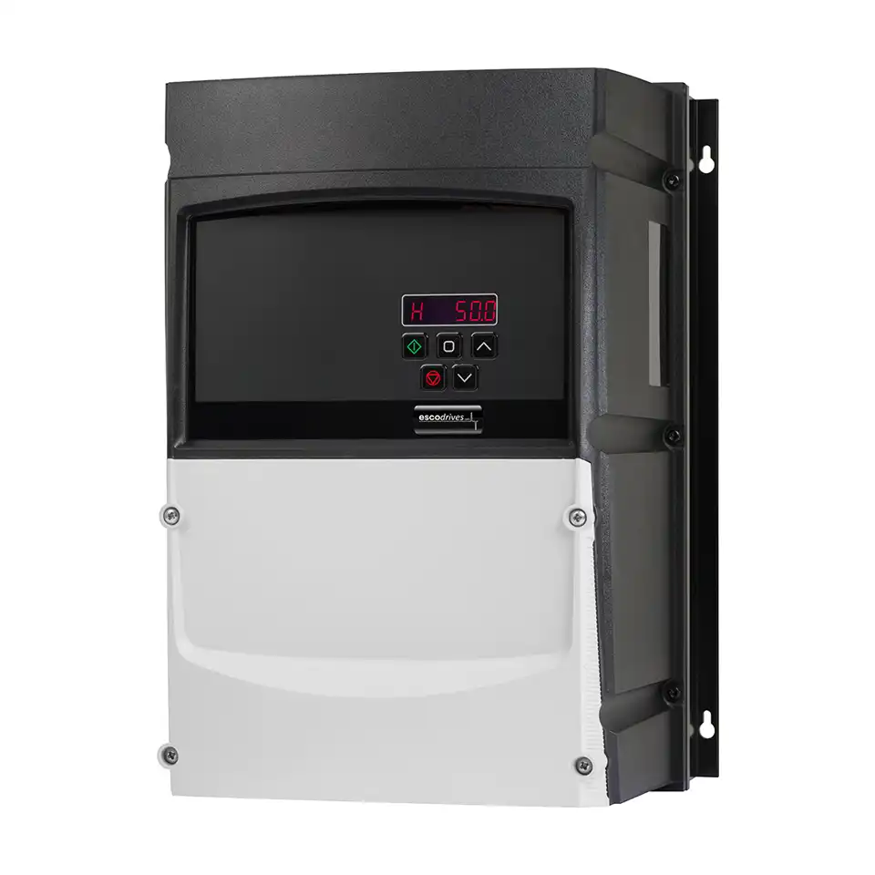 Frequenzumrichter escodrives EDS3-4220PL-66N1 ohne Hauptschalter und externe Bedienelemente, Frontansicht mit digitalem LED-Display und Tastenfeld.