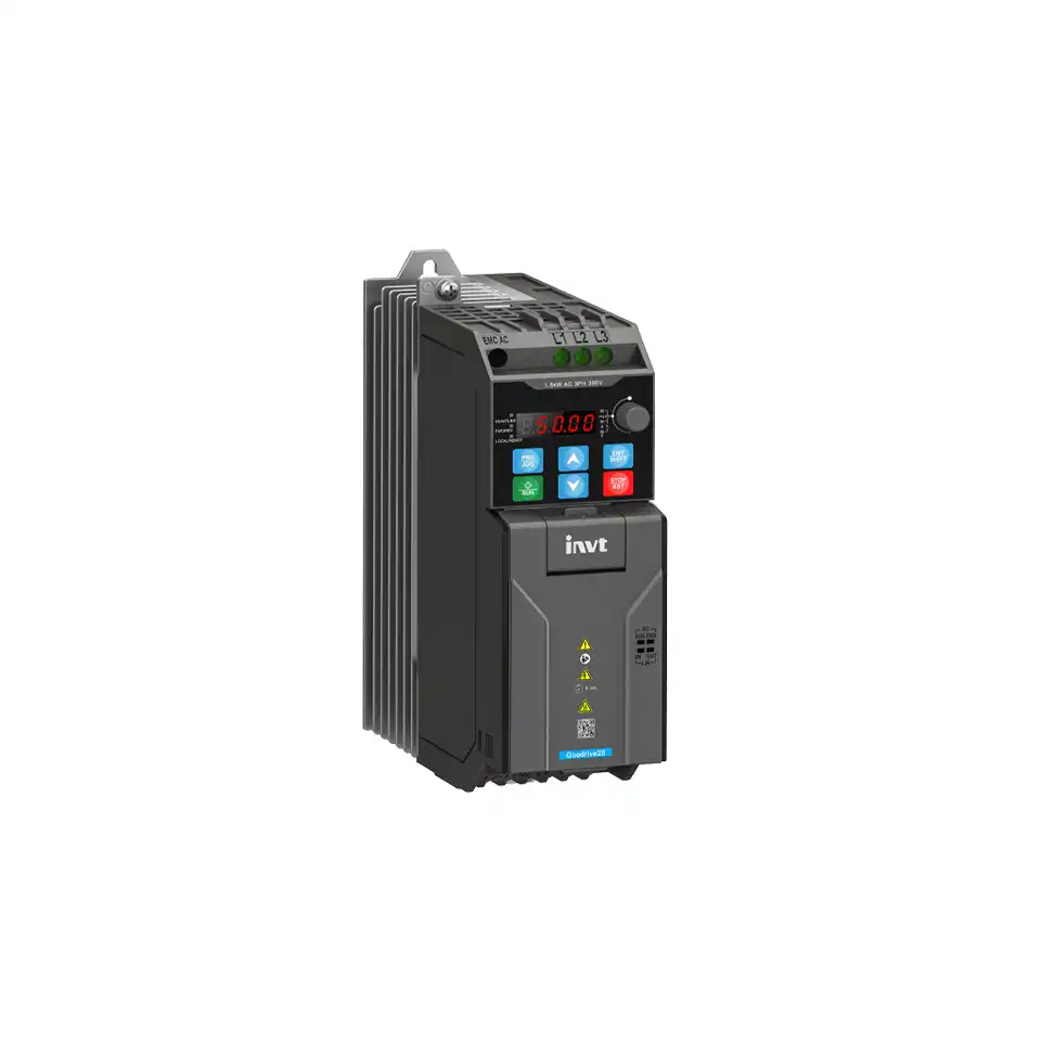 INVT Frequenzumrichter GD28-0R7G-4 für 400 V Industrieanwendungen, mit USB-C-Port und integrierter Sicherheitsfunktion