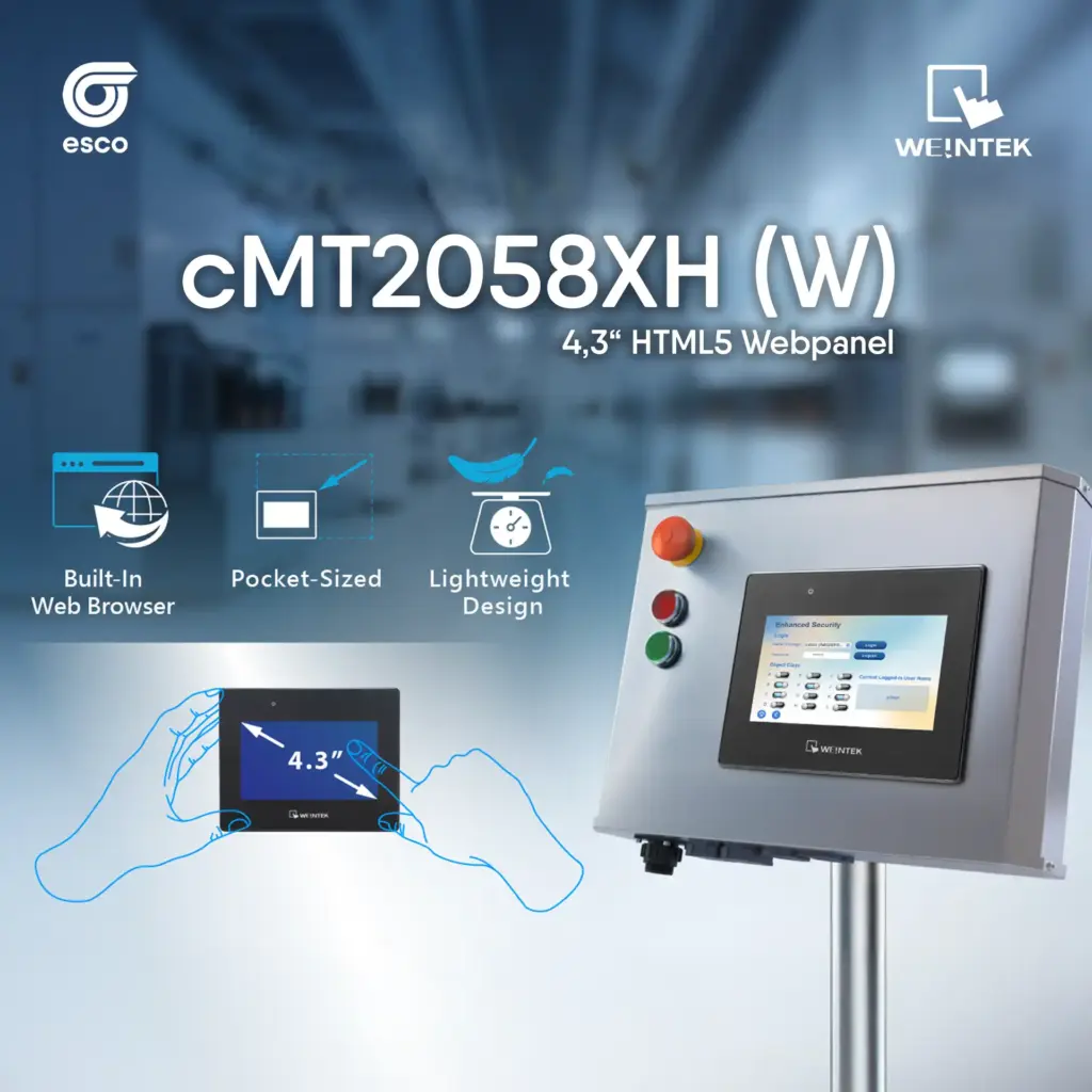 Weintek cMT2058XH (W) 4,3-Zoll HTML5-Webpanel an einem Schaltschrank, mit Piktogrammen für integrierten Webbrowser, kompakte Bauform und leichtes Design sowie Logos von esco und Weintek.