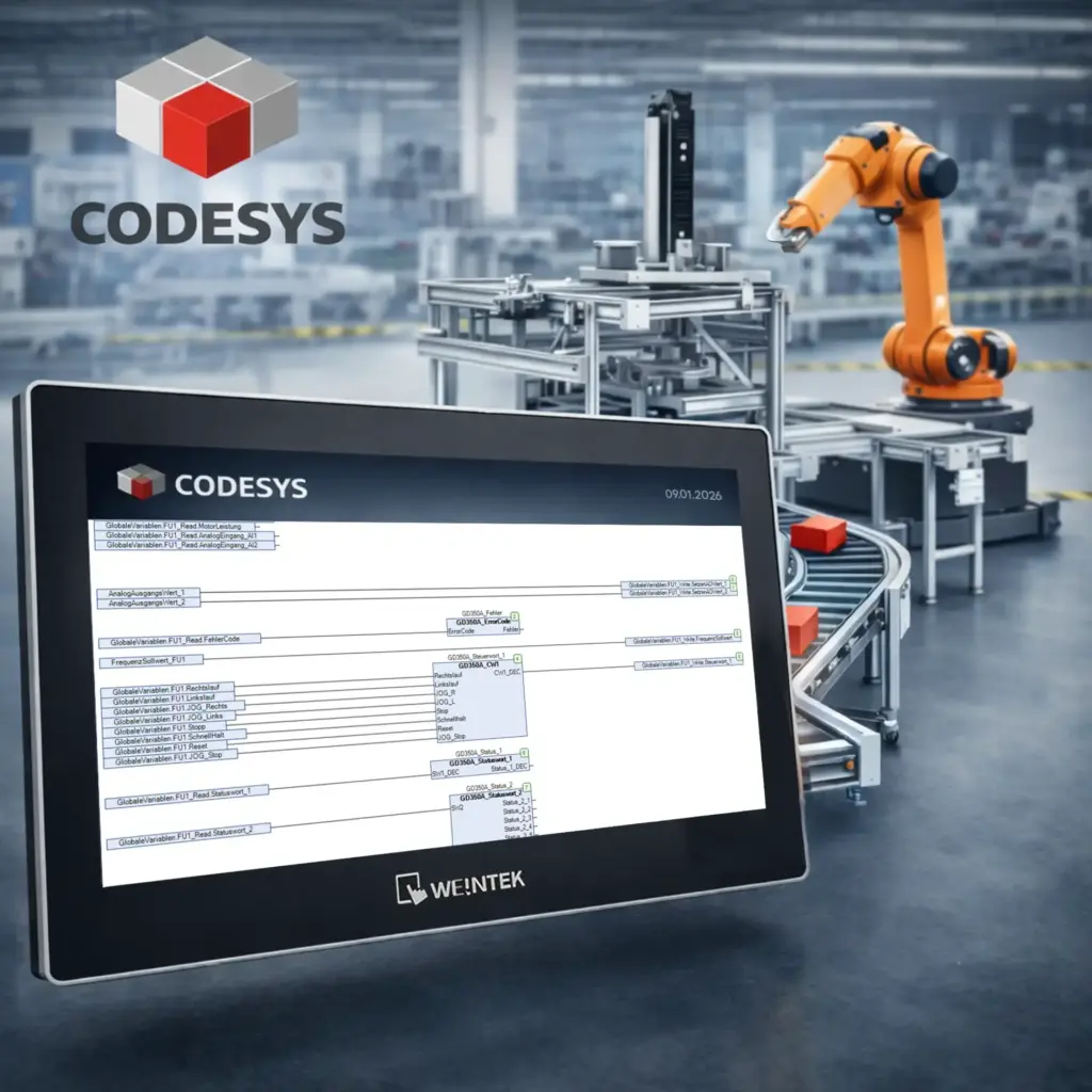 Weintek Industrie-Touchpanel mit Software CODESYS-Steuerung, das eine automatisierte Förderanlage aus Aluminiumprofilen mit Roboter in einer Produktionshalle visualisiert und steuert.
